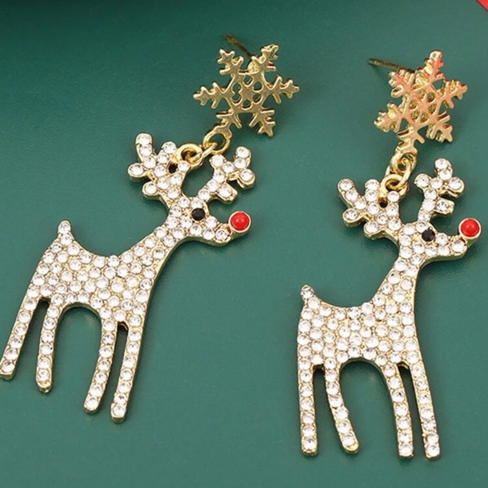 Glam Reindeer Christmas, Holiday, Party Rhinestone Bling Snowflake Earrings